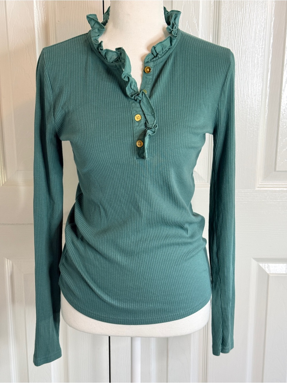 J.Crew Ruffle Collar Vintage Rib Henley Top Teal Green Small EUC